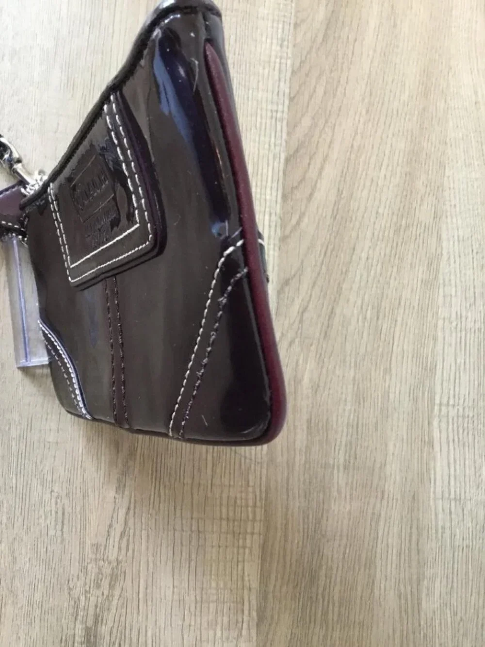 Vintage Coach Patent Leather Wristlet Dark Burgundy, Contrast Stitching - Picture 6 of 8